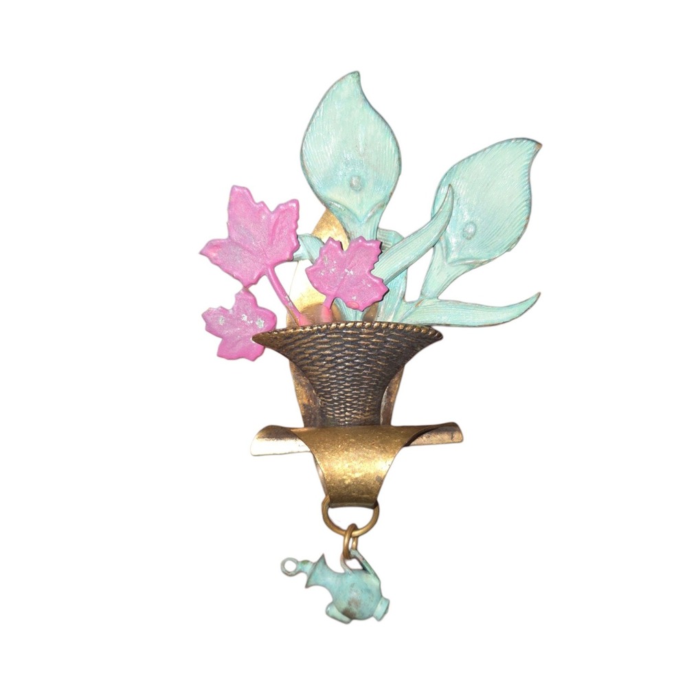 Susan L Richardson Brooch Women 3.25" Pink Green 1993 Floral Basket Watering Can
